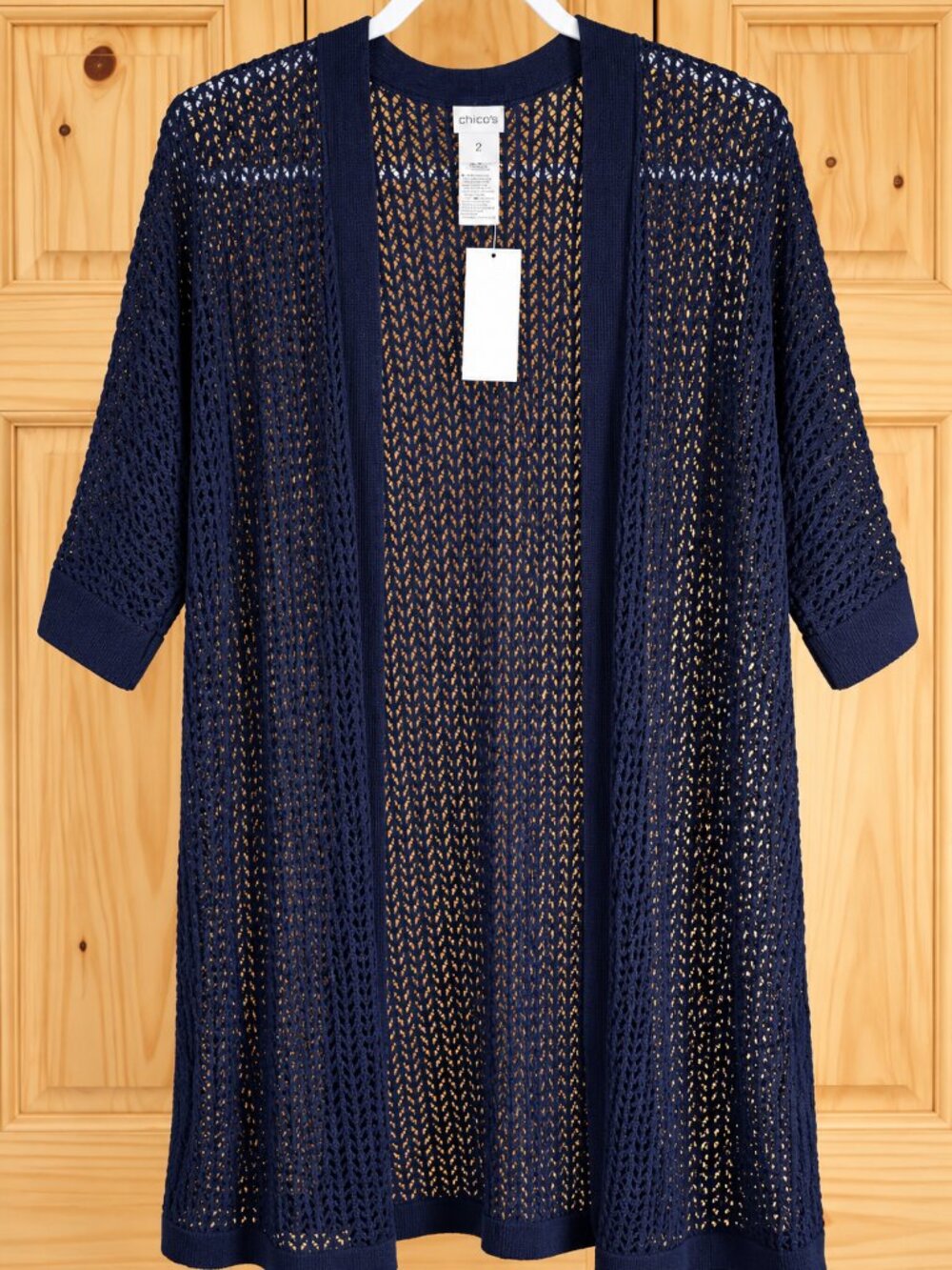 Chico's Size 2 Navy Blue Open Knit Cardigan Open Front Long Lightweight NWT
